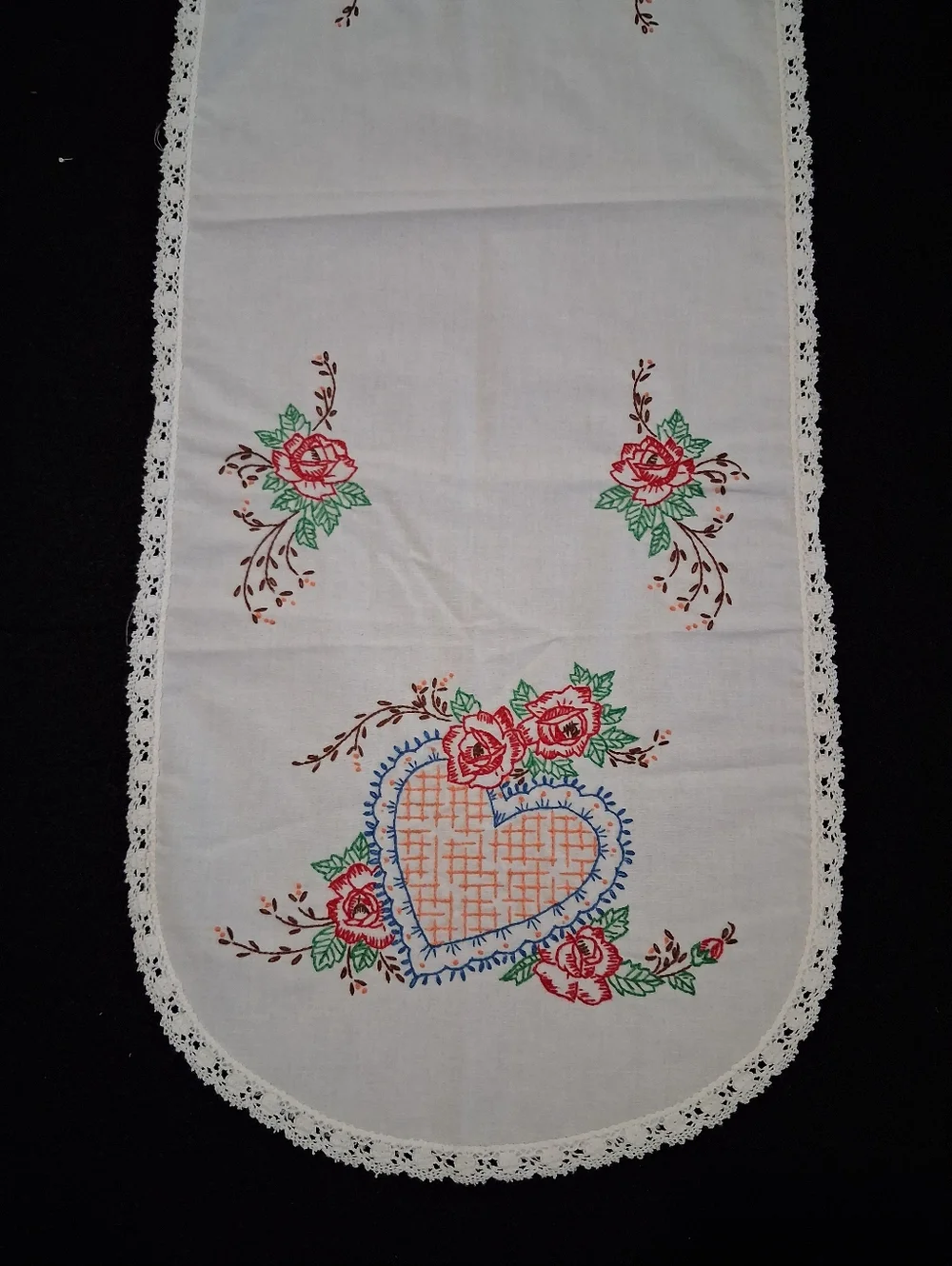 Embroidered Heart & Rose Table Runner dresser runner - White with Pink, Green - Picture 2 of 4